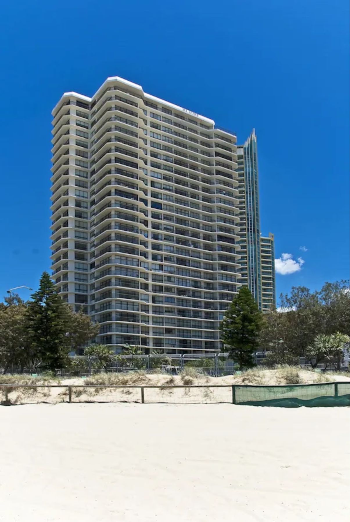 Hi Surf beachfront resort building seen from the beach, Surfers Paradise